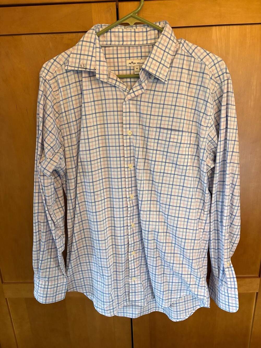 Peter Millar Men's Size Medium Blue and Pink Plaid Long Sleeve Button Down Shirt
